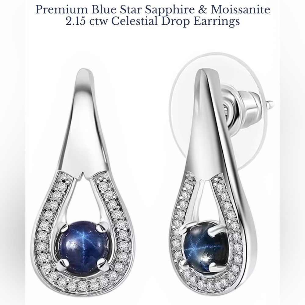 Premium Blue Star Sapphire (DF) and Moissanite 2.15 ctw Celestial Drop Earrings